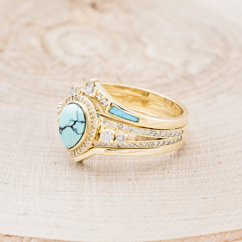 "SOFIA" - BRIDAL SUITE - PEAR SHAPED TURQUOISE ENGAGEMENT RING WITH DIAMOND HALO & TRACERS-3