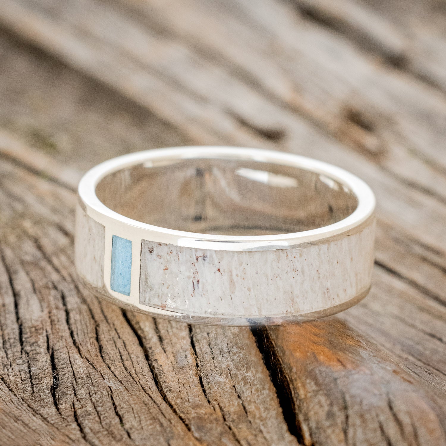 "CASPIAN" - MATCHING SET OF ANTLER & TURQUOISE WEDDING BANDS-4