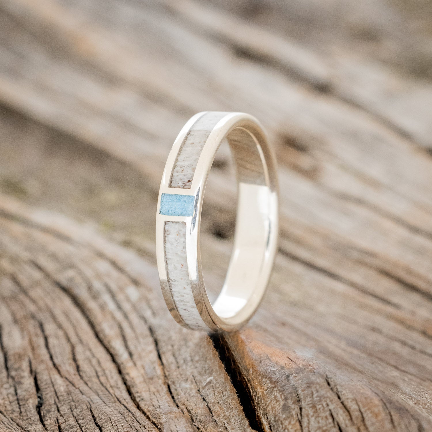 "CASPIAN" - MATCHING SET OF ANTLER & TURQUOISE WEDDING BANDS-5