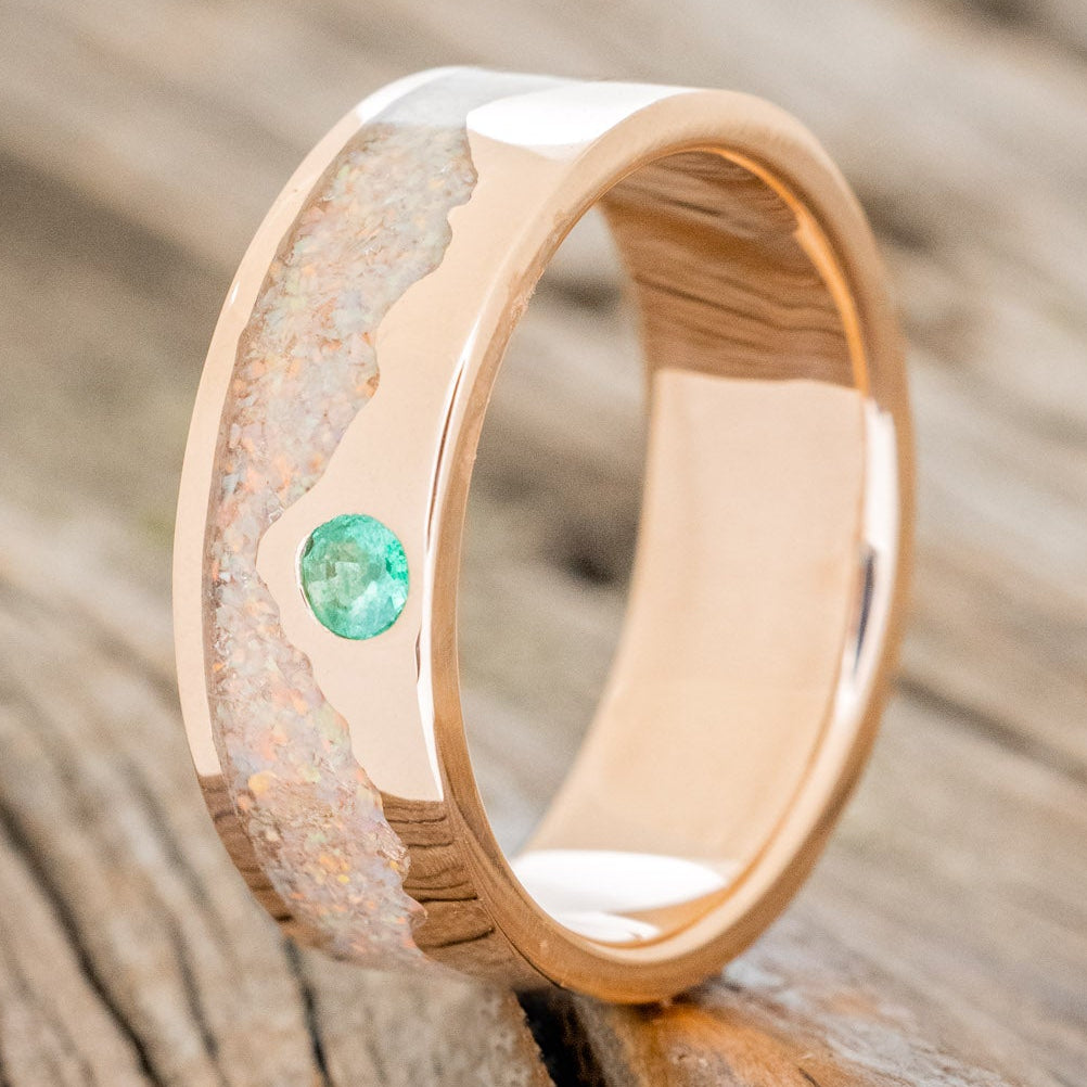 "HELIOS" - FIRE AND ICE OPAL & GOLD MOUNTAIN RANGE WEDDING RING FEATURING A LAB GROWN EMERALD ACCENT-4