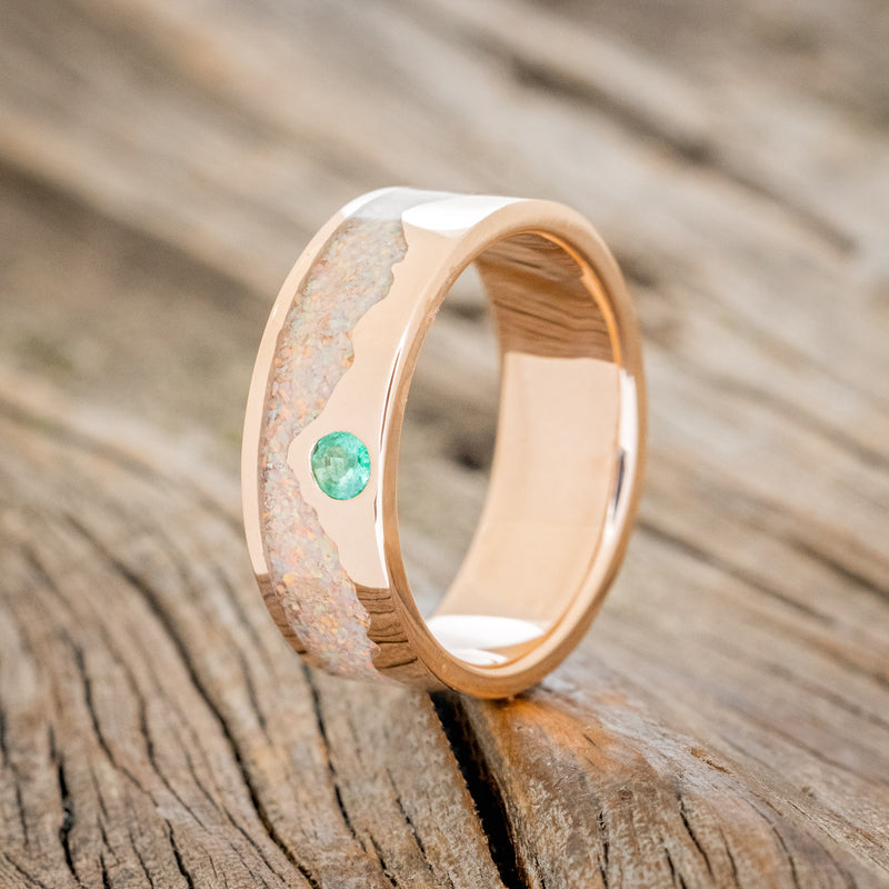 "HELIOS" - FIRE AND ICE OPAL & GOLD MOUNTAIN RANGE WEDDING RING FEATURING AN EMERALD ACCENT