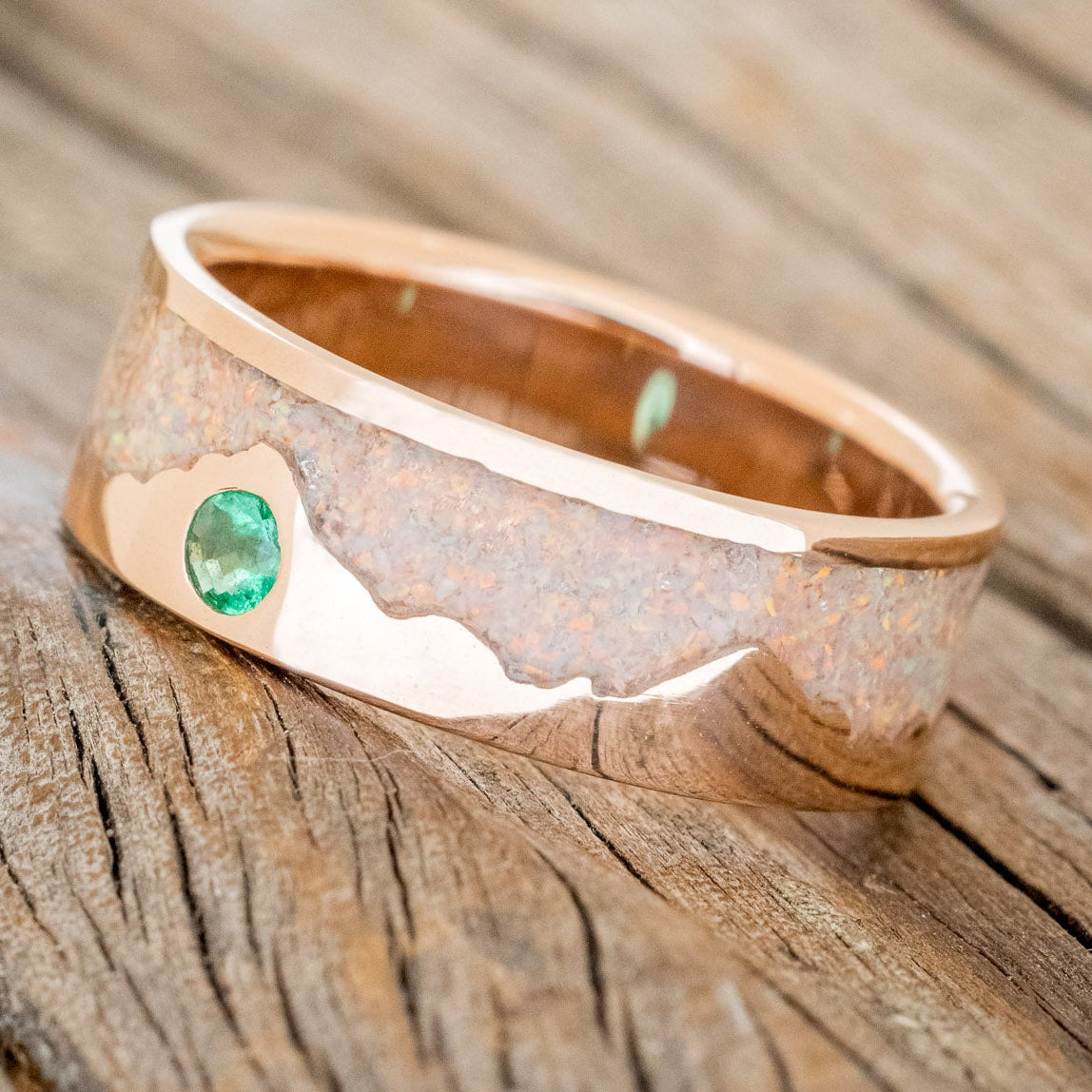 "HELIOS" - FIRE AND ICE OPAL & GOLD MOUNTAIN RANGE WEDDING RING FEATURING A LAB GROWN EMERALD ACCENT-5