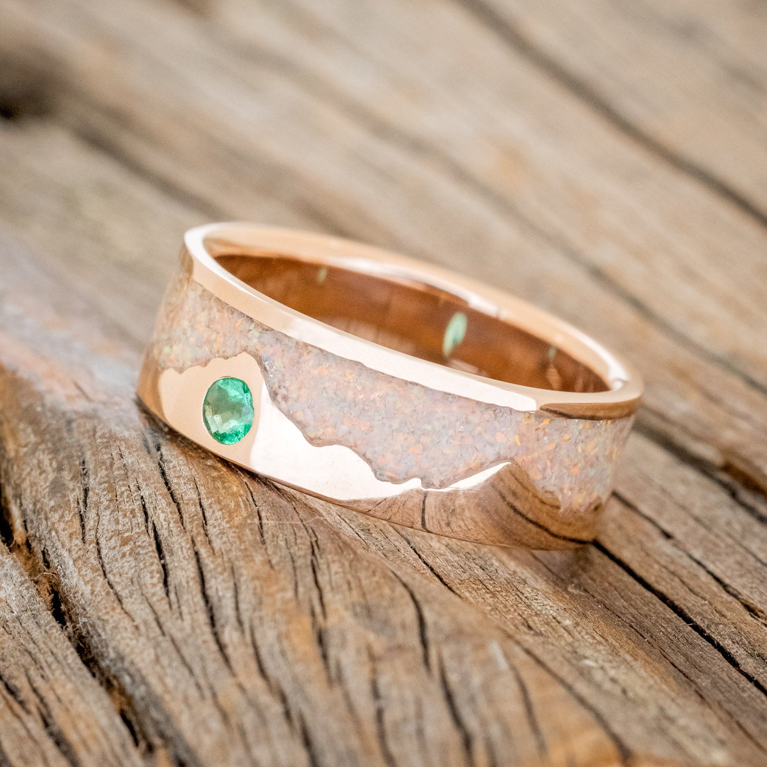 "HELIOS" - FIRE AND ICE OPAL & GOLD MOUNTAIN RANGE WEDDING RING FEATURING A LAB GROWN EMERALD ACCENT-5