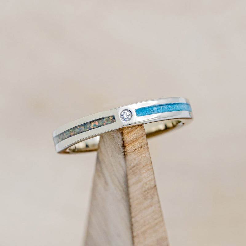 "HARMONY" - TURQUOISE AND FIRE & ICE OPAL SPLIT STACKING BAND WITH A DIAMOND ACCENT-1