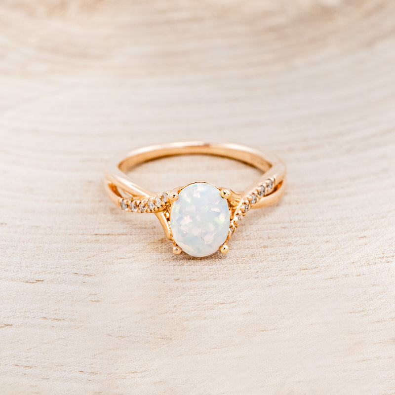 "ROSLYN" - OVAL OPAL ENGAGEMENT RING WITH DIAMOND ACCENTS - 14K ROSE GOLD - SIZE 5 1/4