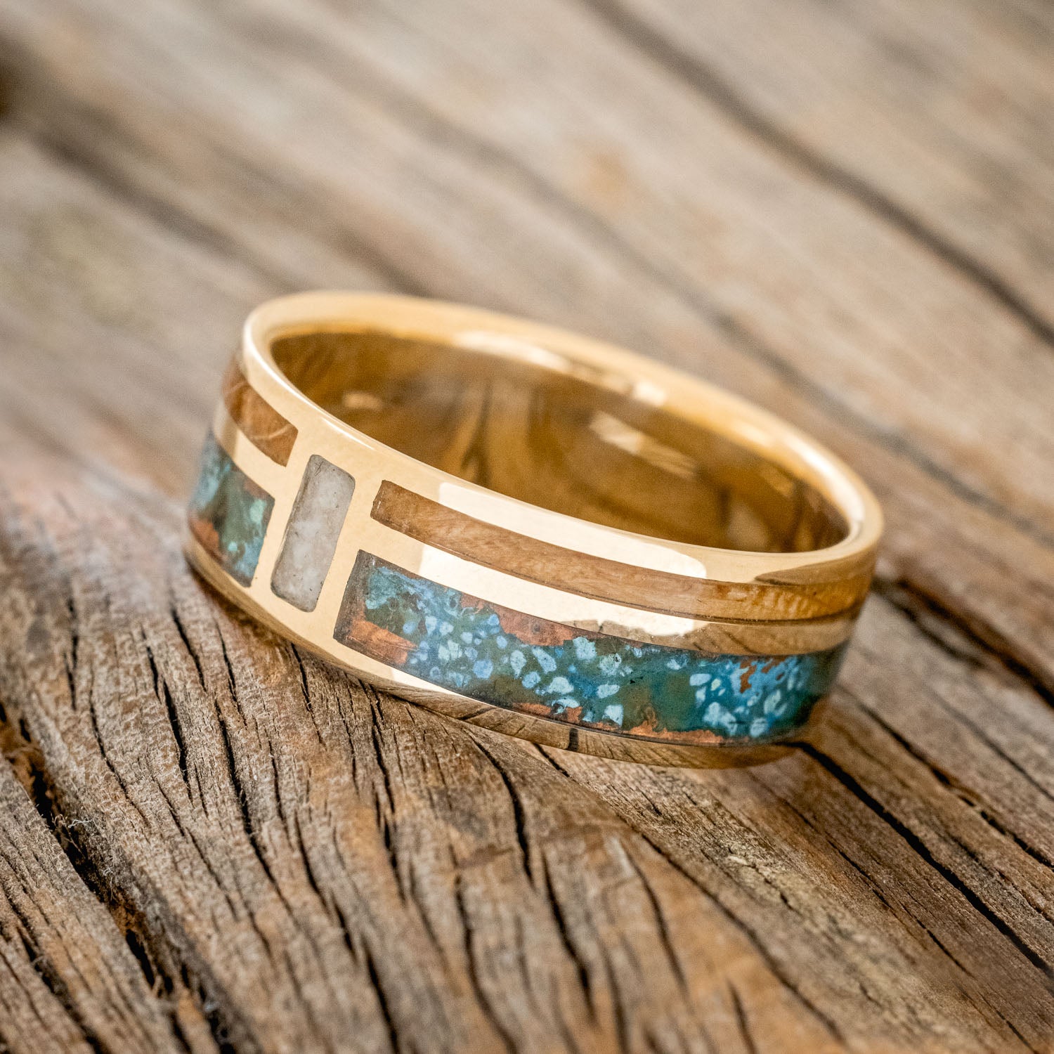 "BOWER" - PATINA COPPER, WHISKEY BARREL OAK & GRANITE WEDDING BAND-2