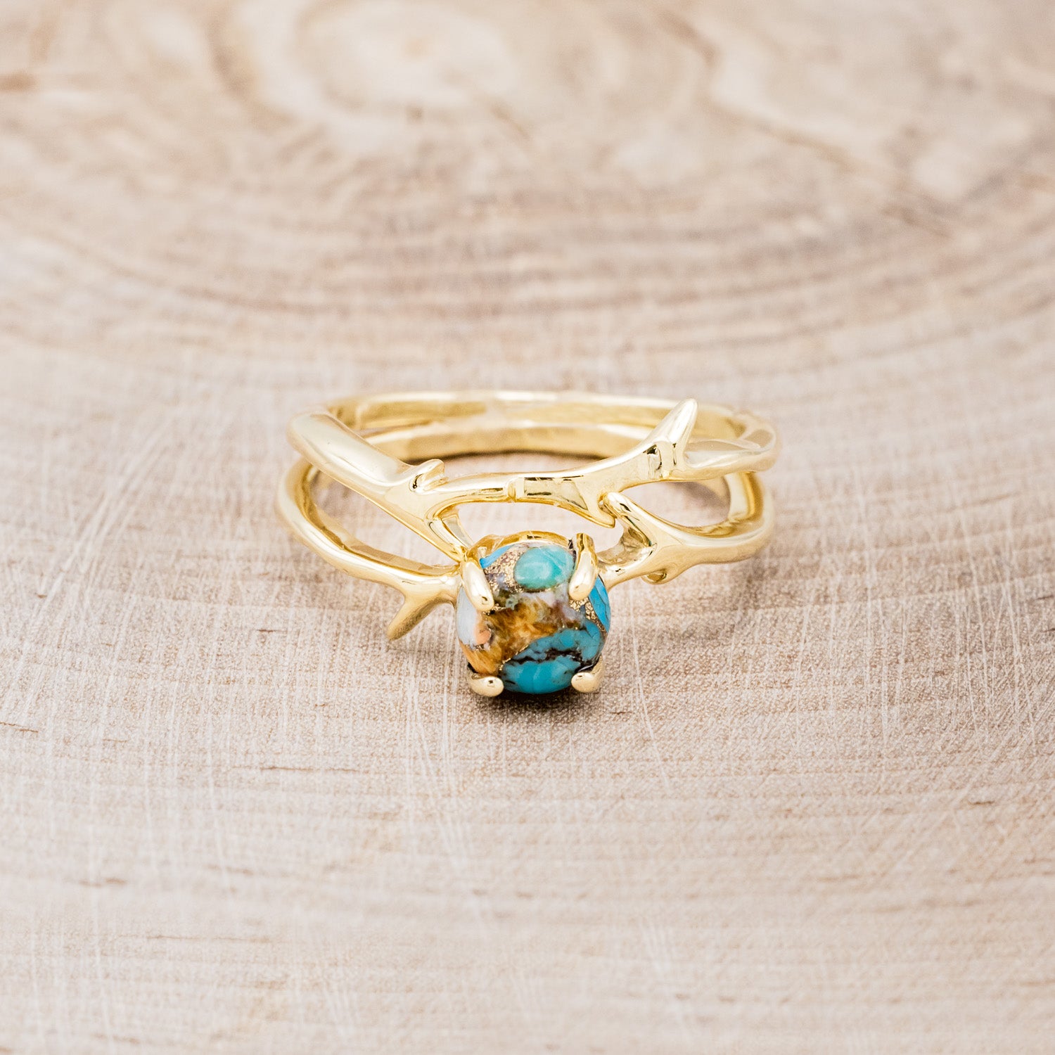 "ARTEMIS" - ROUND CUT SPINY OYSTER TURQUOISE ENGAGEMENT RING WITH AN ANTLER-STYLE STACKING BAND-4