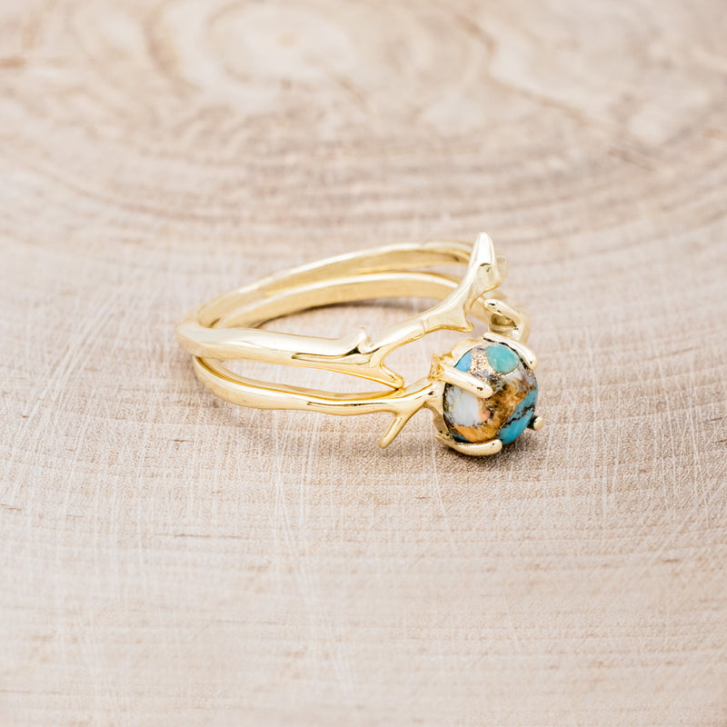 "ARTEMIS" - ROUND CUT SPINY OYSTER TURQUOISE ENGAGEMENT RING WITH AN ANTLER-STYLE STACKING BAND