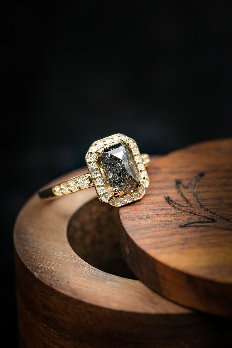 Shown here is A halo-style salt & pepper diamond women's engagement ring with delicate and ornate details and is available with many center stone options-Unique Salt and Pepper Engagement Rings - Emerald Cut Diamond Ring - Staghead Designs