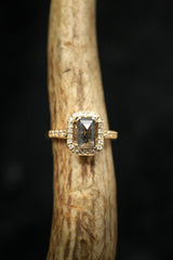 "KARLA" - ENGAGEMENT RING WITH DIAMOND HALO & ACCENTS - SHOWN W/ EMERALD CUT SALT & PEPPER DIAMOND - SELECT YOUR OWN STONE