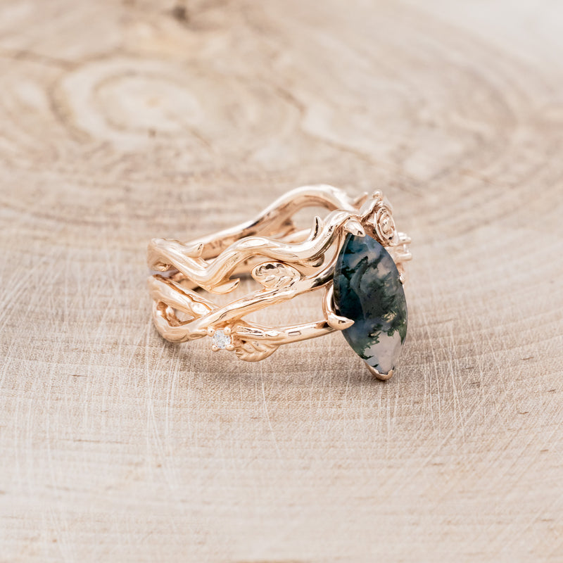 "ARTEMIS ON THE VINE" - MARQUISE CUT MOSS AGATE ENGAGEMENT RING WITH DIAMOND ACCENTS & "BRIAR" BRANCH-STYLE TRACER