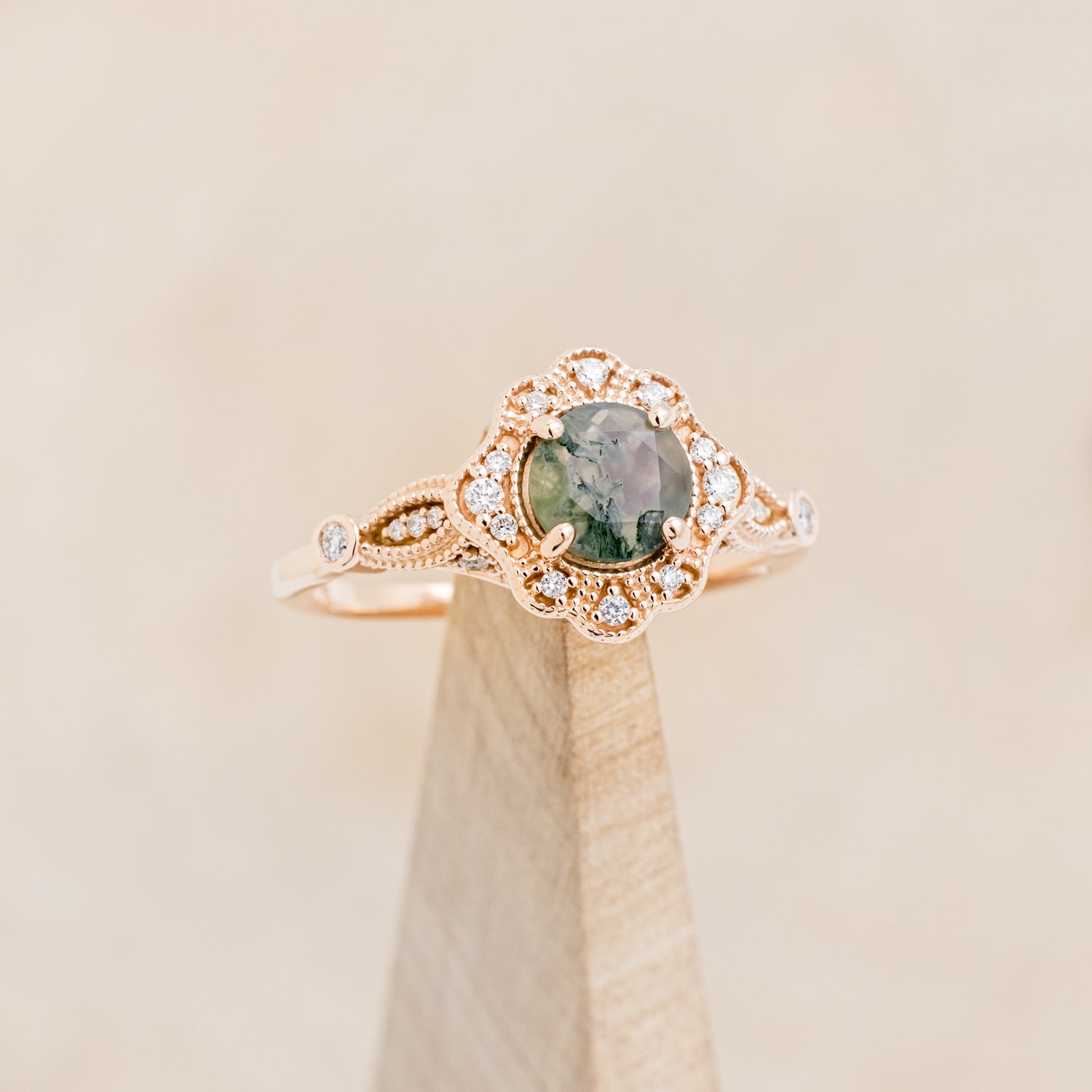 "EILEEN" - ROUND CUT MOSS AGATE ENGAGEMENT RING WITH DIAMOND ACCENTS & TRACER-7