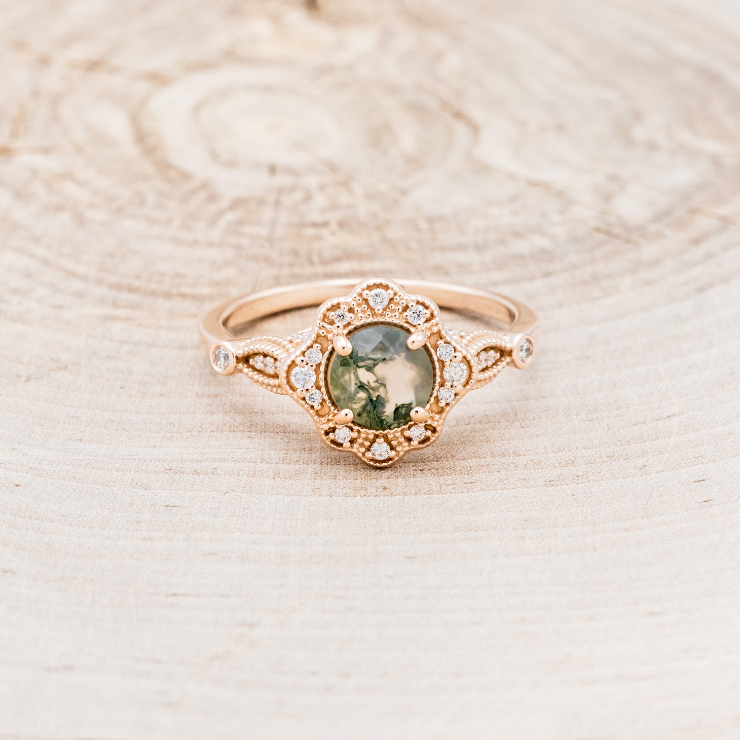"EILEEN" - ROUND CUT MOSS AGATE ENGAGEMENT RING WITH DIAMOND ACCENTS & TRACER-10