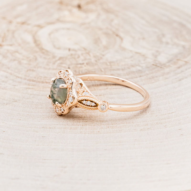 "EILEEN" - ROUND CUT MOSS AGATE ENGAGEMENT RING WITH DIAMOND ACCENTS & TRACER-9