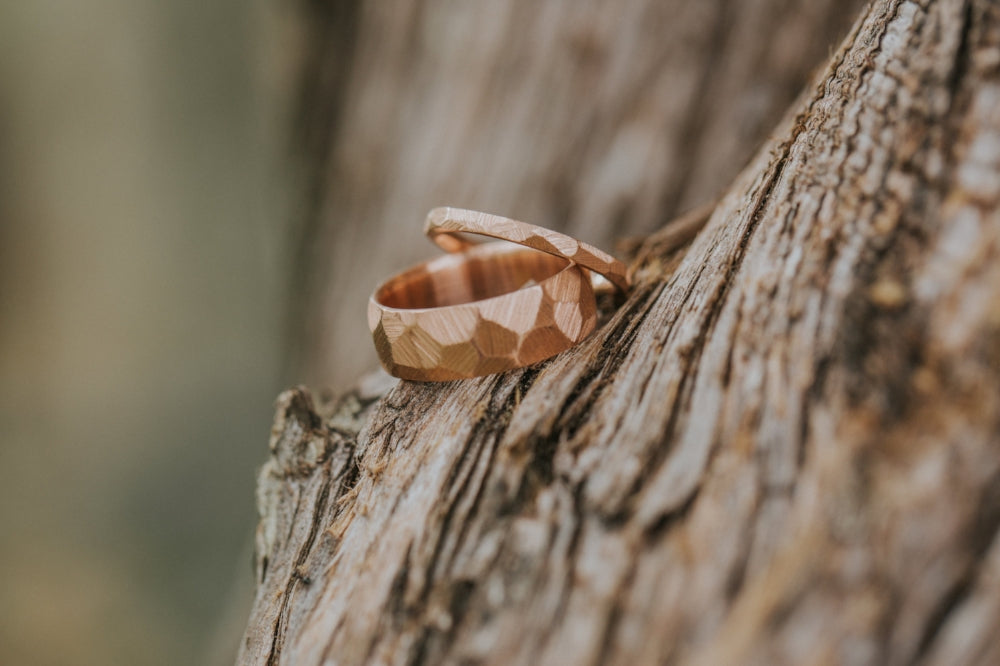 MATCHING SET OF FACETED WEDDING RINGS FEATURING TEXTURED 14K GOLD BANDS-19