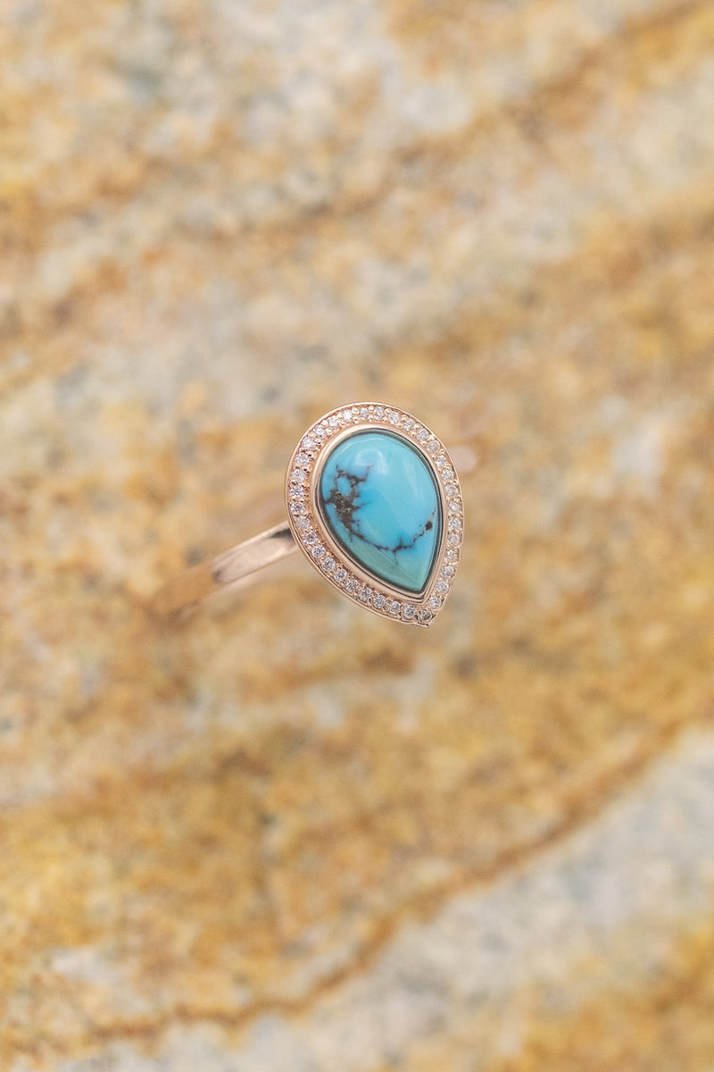 "TERRA" BRIDAL SUITE - PEAR-SHAPED TURQUOISE ENGAGEMENT RING WITH DIAMOND HALO & TRACERS