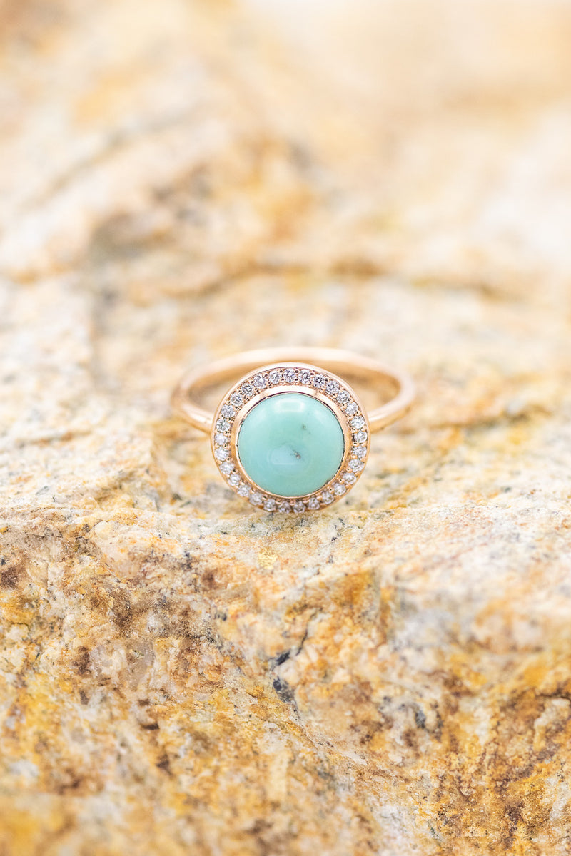 "TERRA" - BRIDAL SUITE - ROUND CUT TURQUOISE ENGAGEMENT RING WITH DIAMOND HALO & TRACERS-13