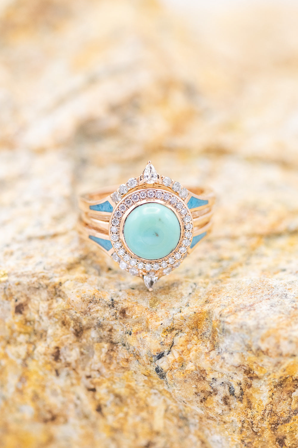 "TERRA" - BRIDAL SUITE - ROUND CUT TURQUOISE ENGAGEMENT RING WITH DIAMOND HALO & TRACERS-2