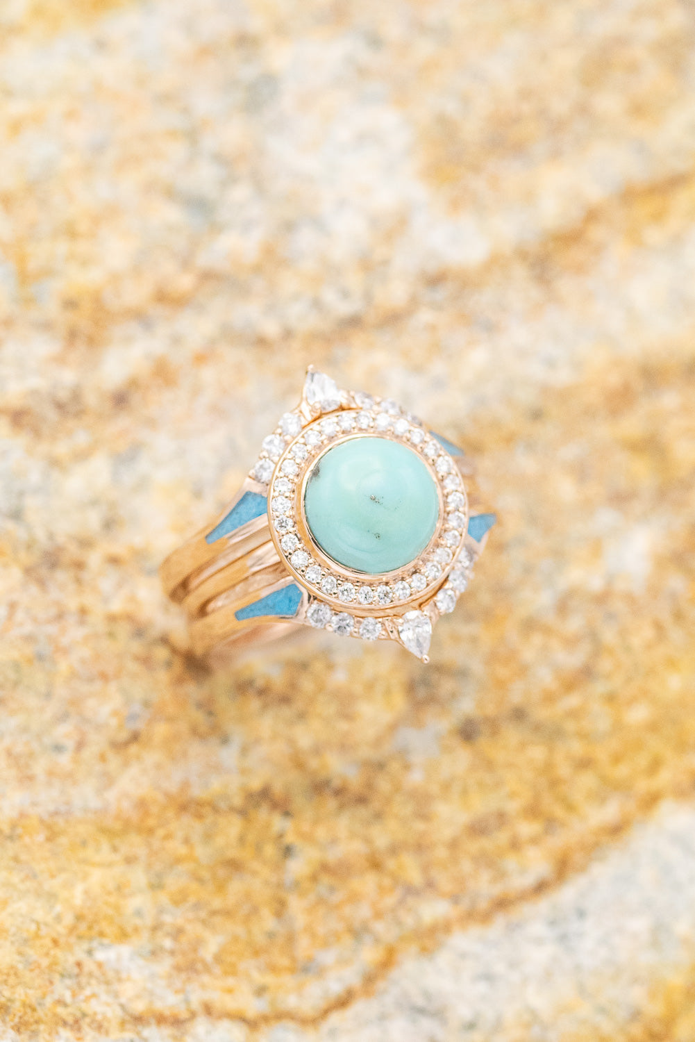 "TERRA" - BRIDAL SUITE - ROUND CUT TURQUOISE ENGAGEMENT RING WITH DIAMOND HALO & TRACERS-5