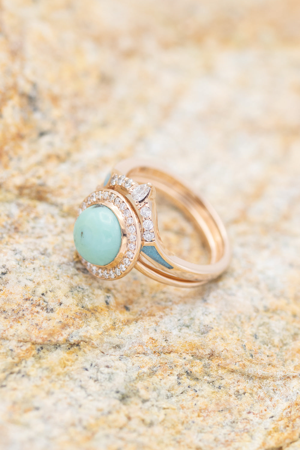 "TERRA" - BRIDAL SUITE - ROUND CUT TURQUOISE ENGAGEMENT RING WITH DIAMOND HALO & TRACERS-4