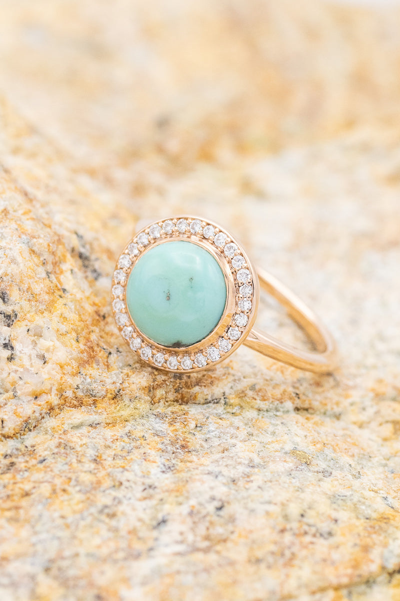 "TERRA" - BRIDAL SUITE - ROUND CUT TURQUOISE ENGAGEMENT RING WITH DIAMOND HALO & TRACERS-9