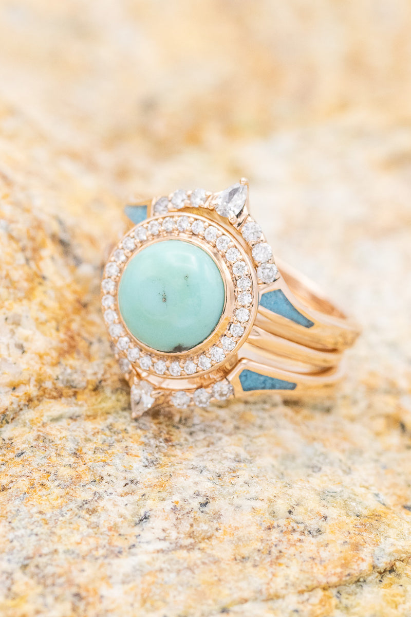 "TERRA" - BRIDAL SUITE - ROUND CUT TURQUOISE ENGAGEMENT RING WITH DIAMOND HALO & TRACERS-1