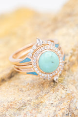 "TERRA" - BRIDAL SUITE - ROUND CUT TURQUOISE ENGAGEMENT RING WITH DIAMOND HALO & TRACERS