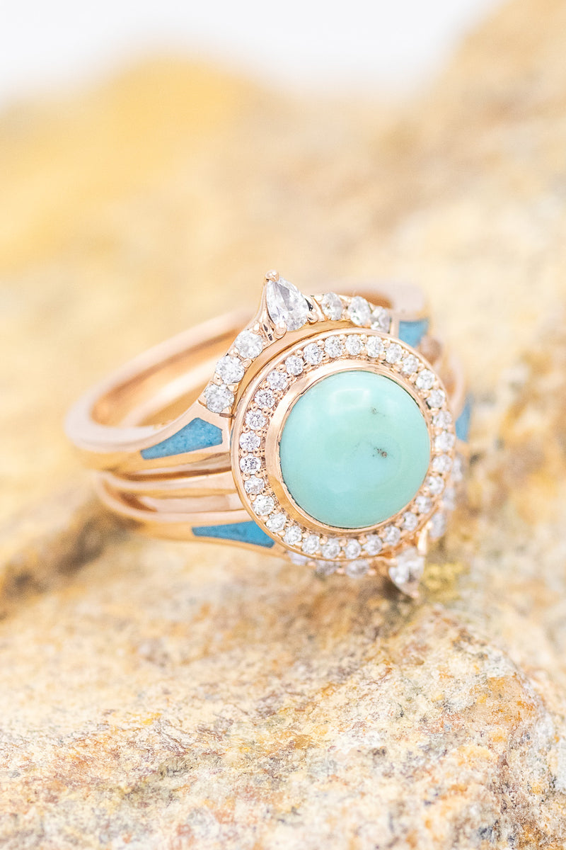 "TERRA" - BRIDAL SUITE - ROUND CUT TURQUOISE ENGAGEMENT RING WITH DIAMOND HALO & TRACERS-3