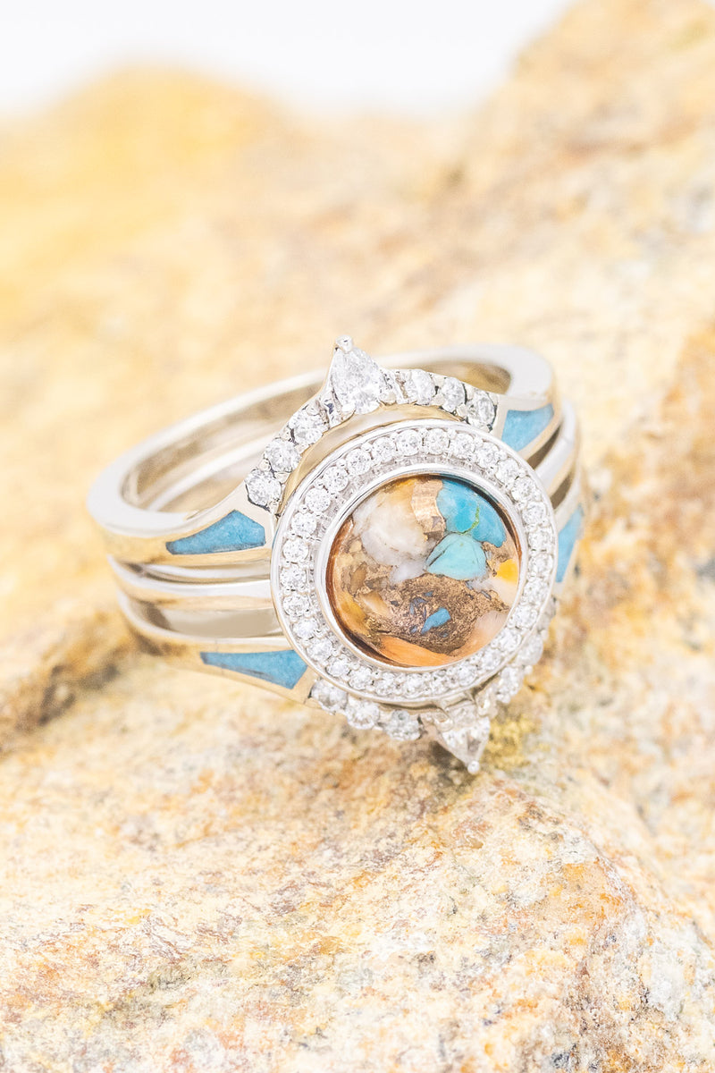 "TERRA" - BRIDAL SUITE - ROUND CUT SPINY OYSTER TURQUOISE ENGAGEMENT RING WITH DIAMOND HALO & TRACERS