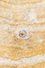 "TERRA" - BRIDAL SUITE - ROUND CUT SPINY OYSTER TURQUOISE ENGAGEMENT RING WITH DIAMOND HALO & TRACERS