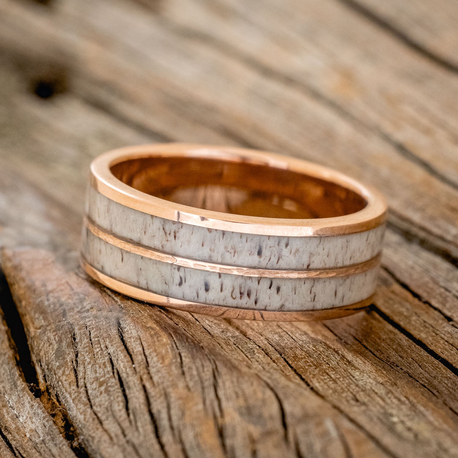 "DYAD" - ANTLER & HAMMERED 14K GOLD INLAY WEDDING RING-2