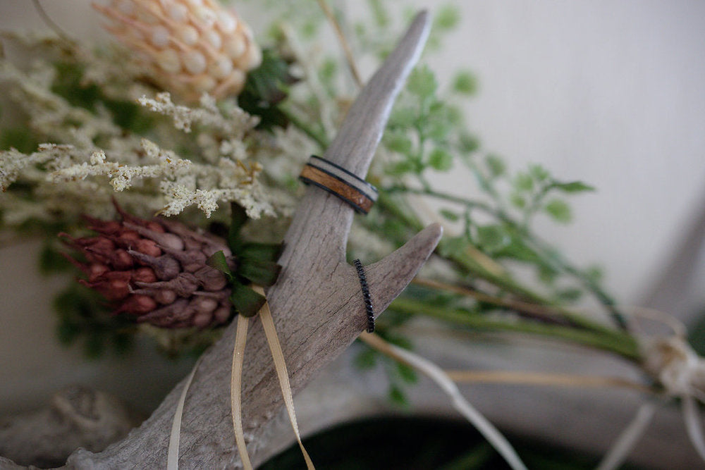 "RAPTOR" - WHISKEY BARREL OAK & ELK ANTLER WEDDING BAND-11