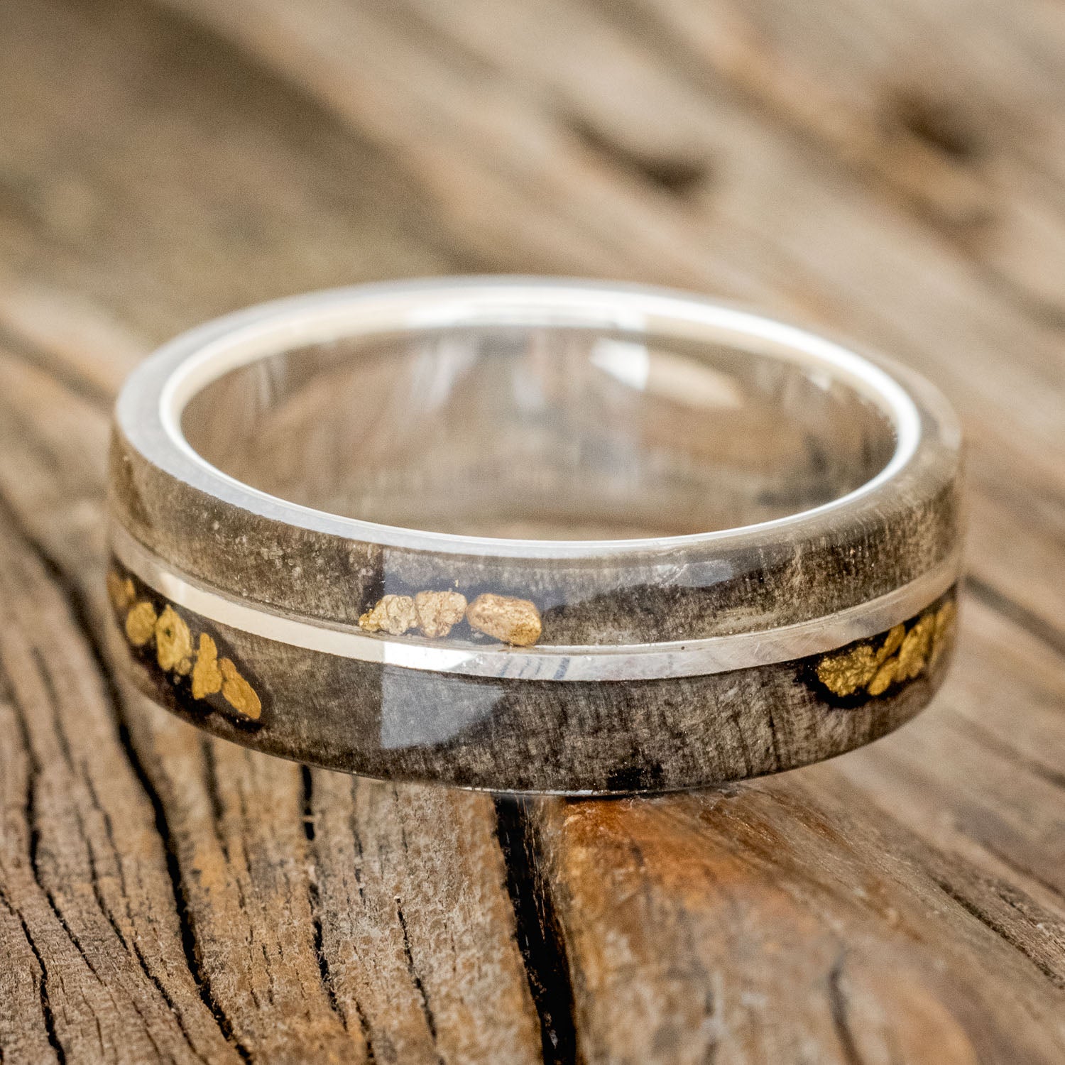 "GOLDEN" - BUCKEYE BURL WOOD & ALASKAN PANNED GOLD NUGGETS WEDDING RING-12