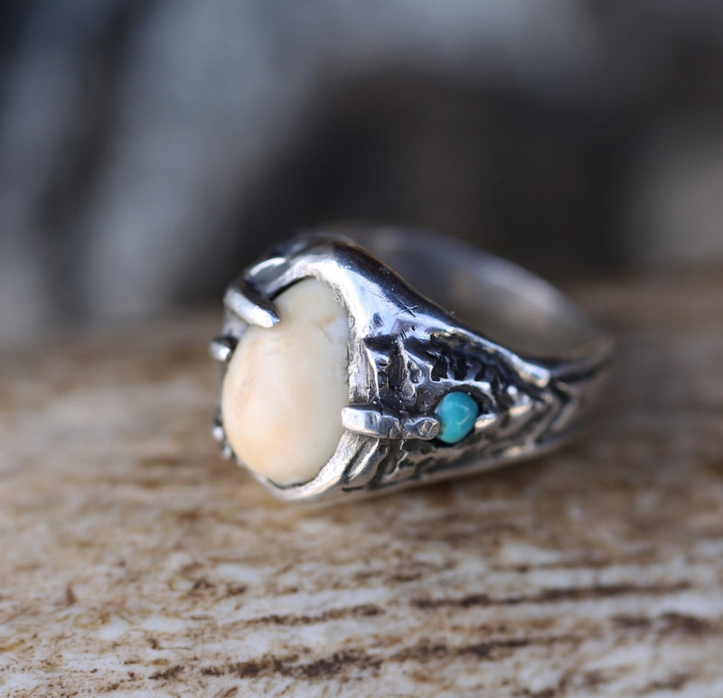 MEN'S CUSTOM HAND-CARVED RING FEATURING TURQUOISE, ARROWHEAD & ELK TOOTH - Staghead Designs - Antler Rings By Staghead Designs