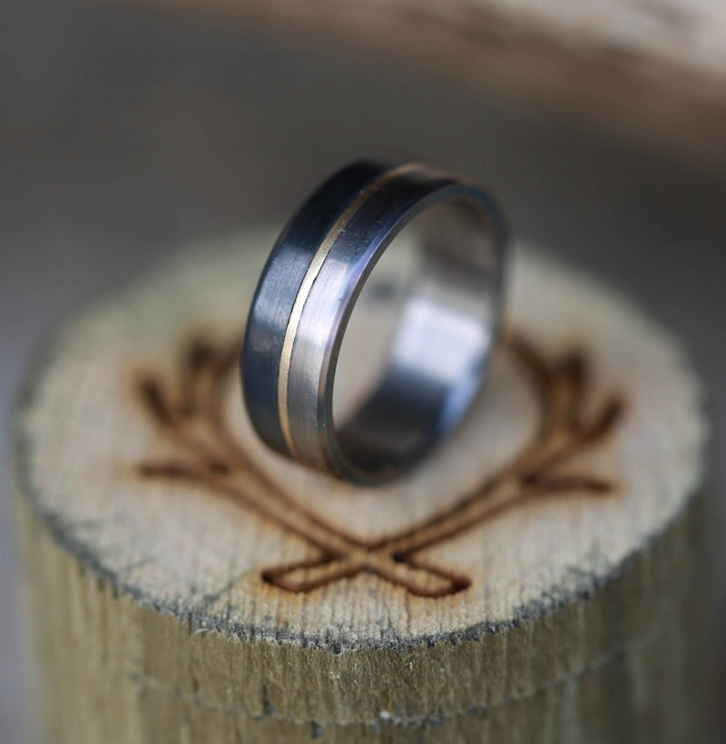 TITANIUM WEDDING BAND WITH A BLACK ZIRCONIUM OVERLAY AND A 14KvGOLD INLAY (available in silver, black zirconium, damascus steel & 14K white, yellow, or rose gold) - Staghead Designs - Antler Rings By Staghead Designs
