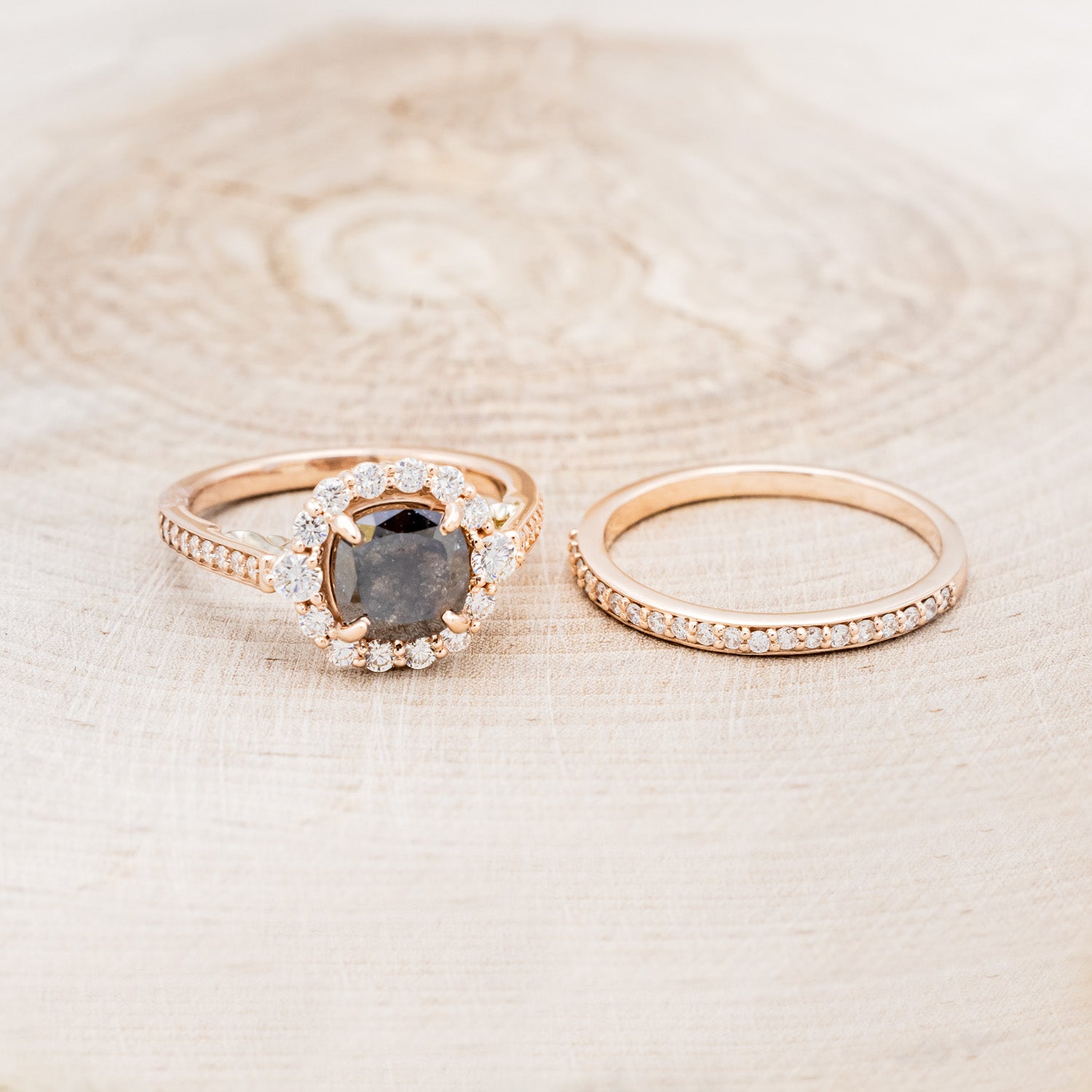 "OPHELIA" - CUSHION CUT SALT & PEPPER DIAMOND ENGAGEMENT RING WITH "STELLA" STACKING BAND-5