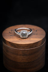 "OPHELIA" - ENGAGEMENT RING WITH DIAMOND HALO & ACCENTS - SHOWN W/ CUSHION CUT SALT AND PEPPER DIAMOND - SELECT YOUR OWN STONE