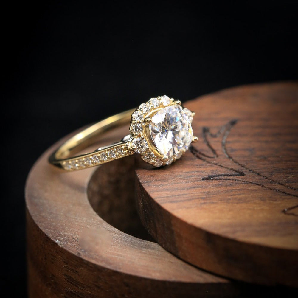 "OPHELIA" - CUSHION CUT MOISSANITE ENGAGEMENT RING WITH DIAMOND HALO & ACCENTS-15