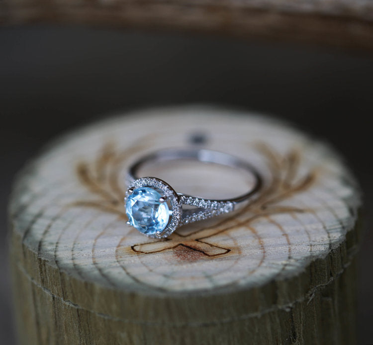 14K WHITE GOLD & 2ctw SKY BLUE TOPAZ WITH DIAMOND HALO ENGAGEMENT RING - Staghead Designs - Antler Rings By Staghead Designs