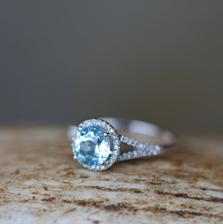 14K GOLD & SKY BLUE TOPAZ WITH DIAMOND HALO ENGAGEMENT RING (available in 14K white gold) - Staghead Designs - Antler Rings By Staghead Designs