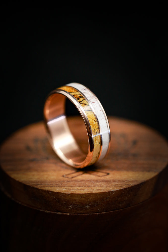 "DYAD" - SPALTED MAPLE & ANTLER WEDDING RING FEATURING A BLACK ZIRCONIUM BAND