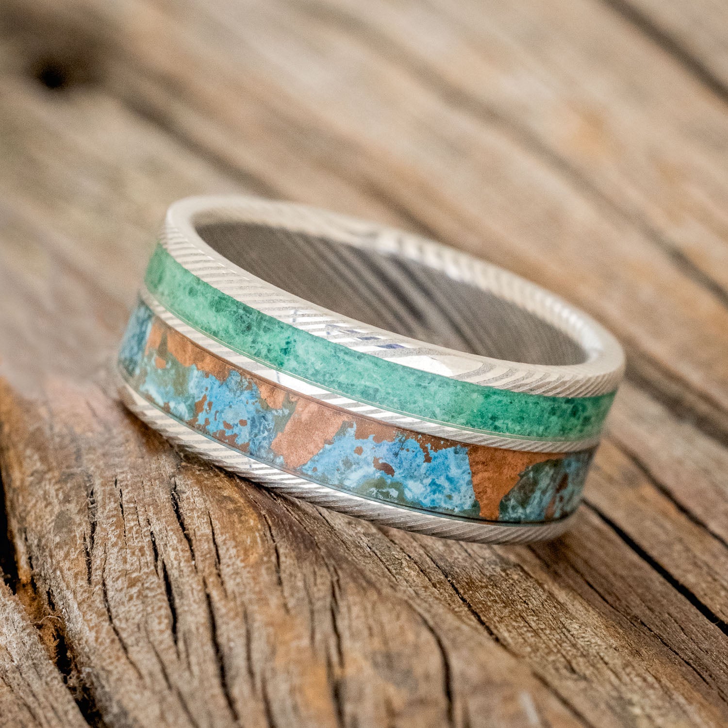 "RAPTOR" - PATINA COPPER & MALACHITE WEDDING BAND-8