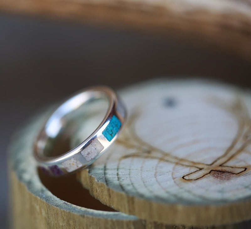 WOMEN'S SILVER WEDDING BAND WITH ANTLER, CHAROITE, AND TURQUOISE (available in silver and 14K rose, yellow, or white gold) - Staghead Designs - Antler Rings By Staghead Designs