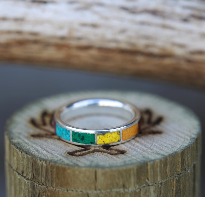 WOMEN'S SILVER WEDDING BAND WITH SUGULITE, TURQUOISE, MALACHITE, ORPIMENT & JASPER (available in silver and 14K rose, yellow, or white gold) - Staghead Designs - Antler Rings By Staghead Designs