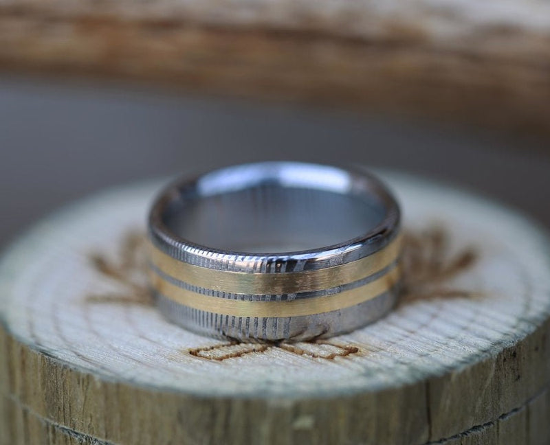 Shown here is A custom, handcrafted men's wedding ring featuring 2 wide yellow gold inlays, shown here on a Damascus steel band. Additional inlay options are available upon request.-MEN'S WEDDING BAND FEATURING DAMASCUS STEEL & TWO 14K GOLD INLAYS (Inlays are available in 14K rose, white or yellow gold) - Staghead Designs - Antler Rings By Staghead Designs