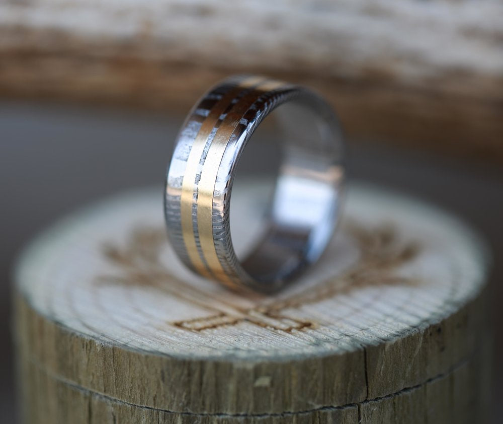 DAMASCUS STEEL & TWO 14K GOLD INLAYS WEDDING BAND-2