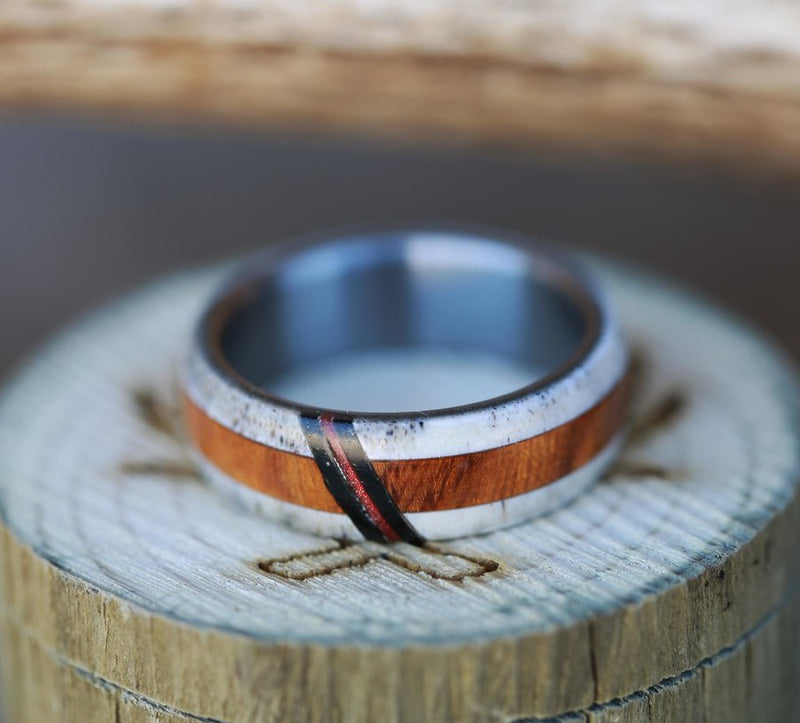 Shown here is  A custom, handcrafted men's wedding ring featuring ironwood, elk antler, and a unique acrylic inlay. Additional inlay options are available upon request.-MEN'S WEDDING BAND WITH ANTLER & WOOD WITH AN ACRYLIC INLAY (available in titanium, black zirconium, silver) - Staghead Designs - Antler Rings By Staghead Designs