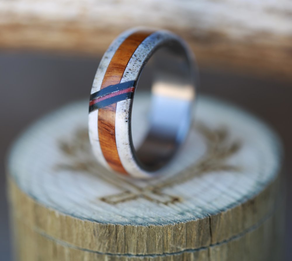 ANTLER, WOOD & AN ACRYLIC INLAY WEDDING BAND-2