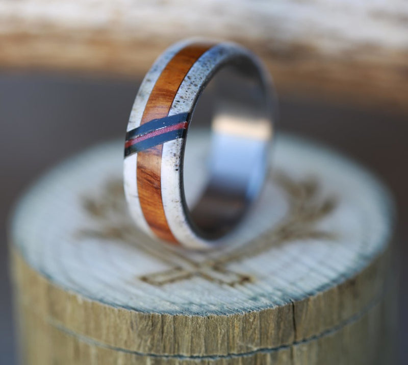 MEN'S WEDDING BAND WITH ANTLER & WOOD WITH AN ACRYLIC INLAY (available in titanium, black zirconium, silver) - Staghead Designs - Antler Rings By Staghead Designs