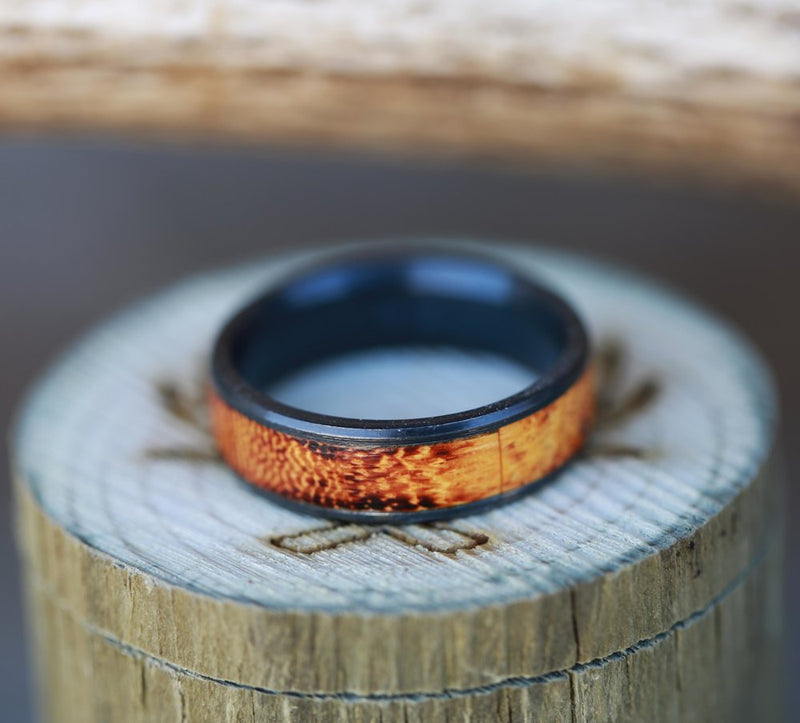 "RAINIER" IN BLACK ZIRCONIUM WITH A BURNT HENGE INLAY (available in black zirconium, silver, damascus steel & 14K white, yellow, or rose gold) - Staghead Designs - Antler Rings By Staghead Designs